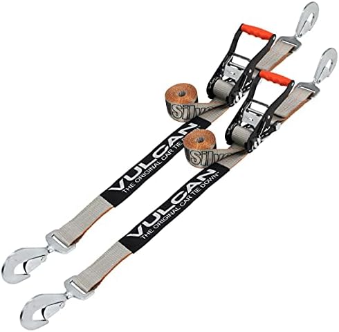 VULCAN Car Tie Down with Twisted Snap Hooks - 2 Inch x 96 Inch - 2 Pack - Silver Series - 3,300 Pound Safe Working Load