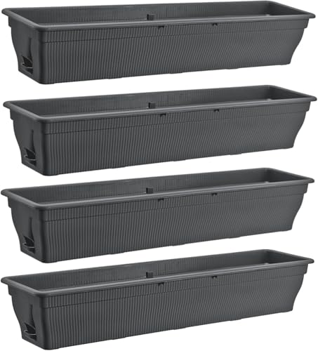 4x Balkonkasten 100cm Blumenkasten mit Wasserspeicher anthrazit, 25 L - Blumenkästen wetterfest Pflanzkasten mit Einsatz Lange Balkonkästen für Garten und Balkon witterungsbeständig, Anthrazit/Grau