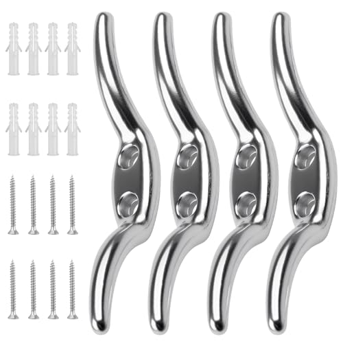 4Pcs Cord Cleat Hooks 65mm Stainless Blind Curtain Cord Winder Non Rust Heavy Duty Metal Wall Hook with Fixing Screw for Roman Blinds Flagpole Washing Line Outdoor Boating Ship Tiebacks (Silver)