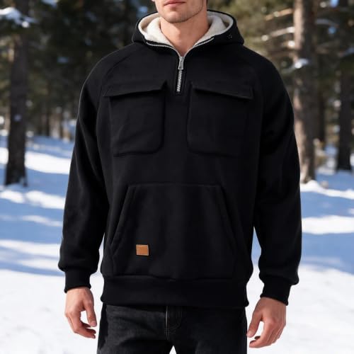 Fleece Hoodie Men Faux Suede Fleece Lined Quarter Zip Hoodies with Pockets - image 6