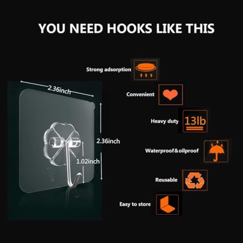Image of TEKCOOL Adhesive Hooks 13.2LB(Max) Heavy Duty Self Adhesive Hooks Transparent Waterproof and Oilproof Wall Hooks for Kitchen Bathroom Shower Door Outdoor Home Improvement Utility Hook 20 Pack'