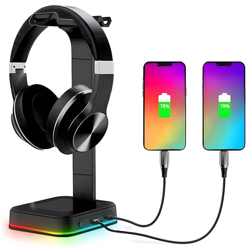 Retoo Headset Halterung Kopfhörer Ständer RGB Universal HUB USB Halter für Over Ear Kopfhörer Gaming Headset und Kopfhörerdisplay Geeignet für Tisch 12x13x26 cm Schwarz