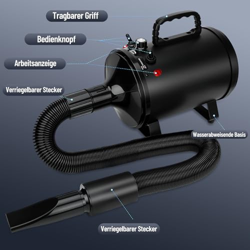 Utoimain Hundefön 4,3PS/3200W mit 3 Temperaturstufen, stufenlos regelbarem Luftstrom und 5 Aufsätzen – Professioneller Hundetrockner für Haustierpflege