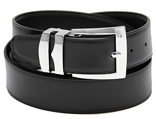 Men's Belt Reversible Wide Bonded Leather Silver-Tone Buckle BLACK/Black