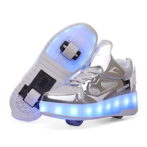 EMDPBD Roller Skates Shoes USB Charging, Unisex Kids LED Light Up Retractable Roller Skate Sneaker Flashing Wheel Shoes for Girls Boys,Silver-3.5BigKid