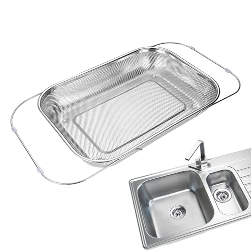 Tanakeji Over The Sink Fregadero Colador - Cesta extraíble de acero inoxidable, colador de malla fina para arroz, fideos y bayas, lavado de alimentos, cocina