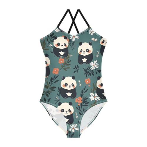 Girls Swimsuit Panda White Pink Flowers Pattern One Piece Swimwear