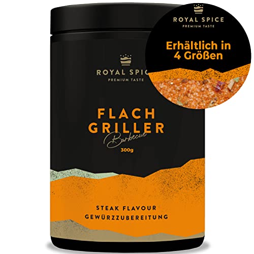 Royal Spice Flachgriller 300g - BBQ Gewürzmischung & Grillgewürz für Küche und Grill - Bester, klassischer Grillgeschmack - Ein MUSS für Nackensteak, Rückensteak, Bauchscheiben, Fleischspieße uvm!