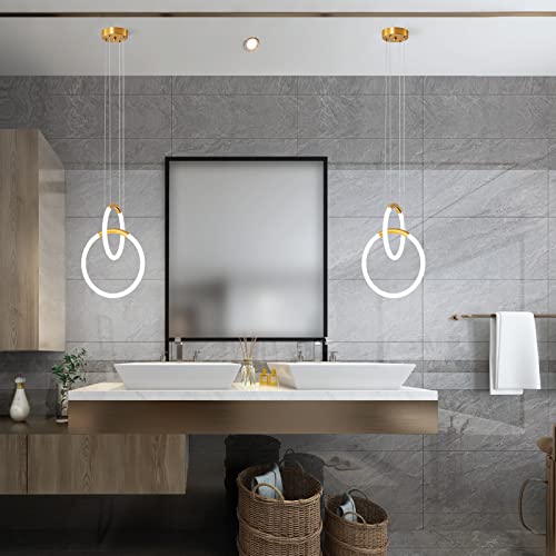 Penaciny Modern Led Pendant Light Fixtures, 22W Adjustable 2 Ring Gold Pendant Lighting,Circular Hanging Chandelier For Kitchen Island Dining Room Bedroom Entryway Hallway,D11.8+D 9.8" 4000K #TOP3