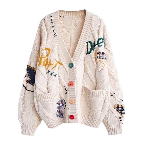 Women's Cable Knit Embroidery Cardigan V Neck Sweaters Long Sleeve Open Front Loose Coat Cute Casual Warm Outwear2