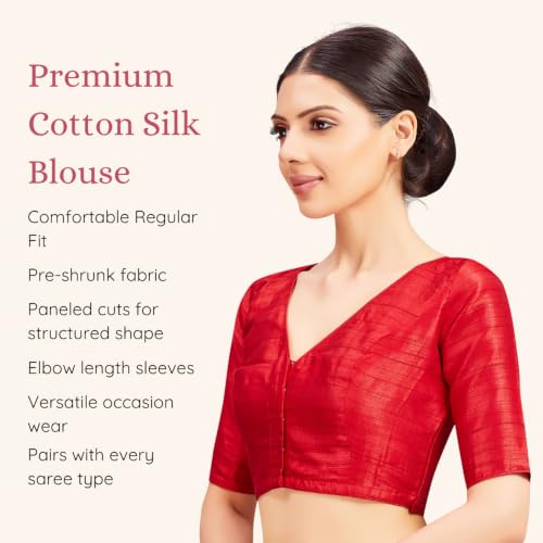 Image of Studio Shringaar Women Readymade Raw Silk V Neck Saree Half Sleeve Blouse