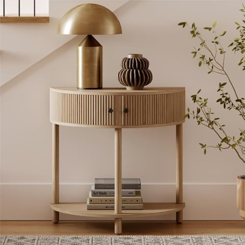 Stead Fluted Half Moon Shaped Console Table Small Entry Desk Living Room Furniture Modern Home Decor Solid Wood Entryway Table with Two Doors and Black Knobs (Natural Oak)