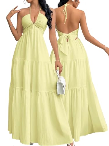 Image of Narecte Women's Maxi Summer Dresses Halter V Neck Beach Dresses for Women A-Line Casual Dress for Vacation