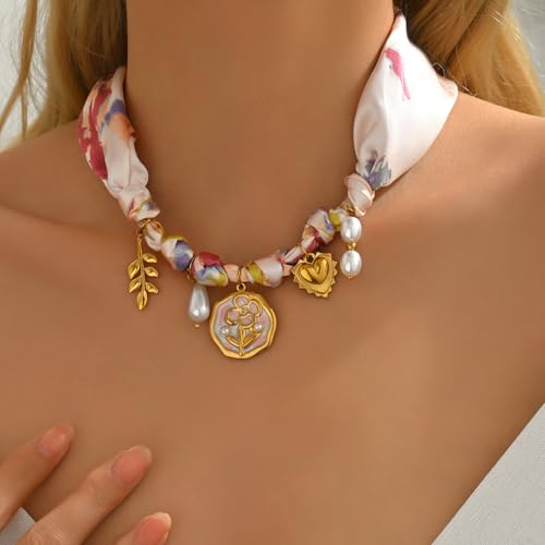 Silk Scarf Necklace for Women Adjustable Bandana Choker with Pearl 18K Gold Charms,Boho Beach Ceramic Jewelry Leaf Butterfly Starfish Coin Pendant Summer Holiday Jewelry3