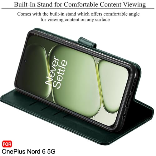Image of TheGiftKart Genuine Leather Finish Flip Back Cover Case for OnePlus Nord 6 5G / CE 6 5G | Inbuilt Pockets & Stand | Wallet Style | Designer Button Magnet Flip Back Cover Case (Faux Leather, Green)