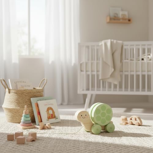 Pearhead Wooden Turtle Push and Pull Toy, Montessori Shake and Rattle Shell, Baby Walking and Gross Motor Development Learning, Pull Along Car Toy, Ages 12m+