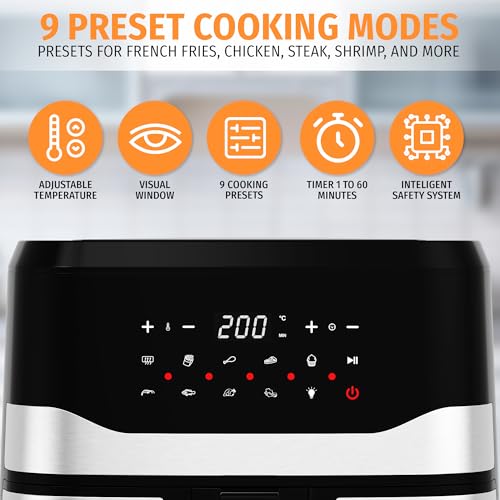 Nyxi 9.2L, XL Capacity Air Fryer with Visual Window, Digital Display, 9 Preset Cooking Modes, Adjustable Temperature, Timer, Overheat Protection, Non-Stick Tray (Single Basket, Model 3874) - Image 5