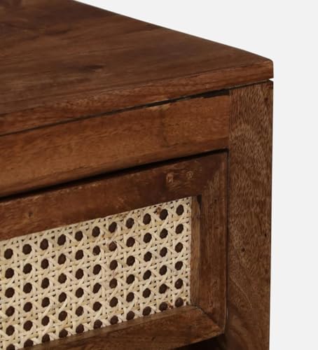 Image of MISAN Boston Solid Wood Bedside Table with Rattan Drawers Mid Century Night Stand for Living Room, Bedroom (SA - Brown)