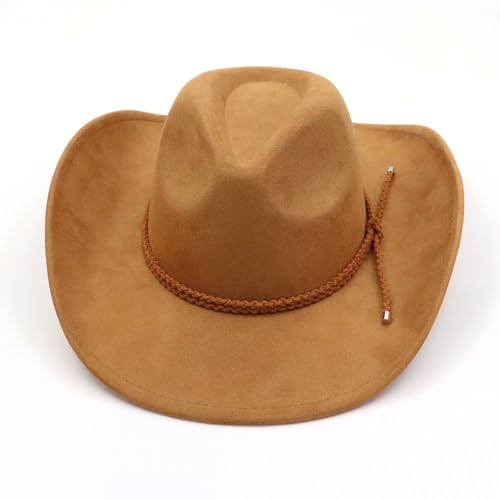 Image of Western Cowboy Hat for Women Men Wide Brim Cowboy Hat for Women with Woven Buckle Belt Suede Classic Fedora Hats