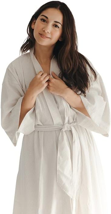 Telegraph Hill Seersucker Kimono Robe - Soft, Microfiber Bathrobe in Shade Stone - Spa Robe - One Size Unisex Hotel Robe - Perfect for Sauna, Gym, & Home