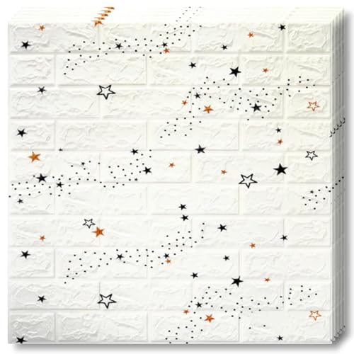 Selling Depot Papel pintado adhesivo 3D blanco efecto ladrillo con estrellas – Juego de 10 hojas (70 x 77 cm, 5,3 m²) autoadhesivas, impermeables, insonorizantes – para cocina, baño, dormitorio