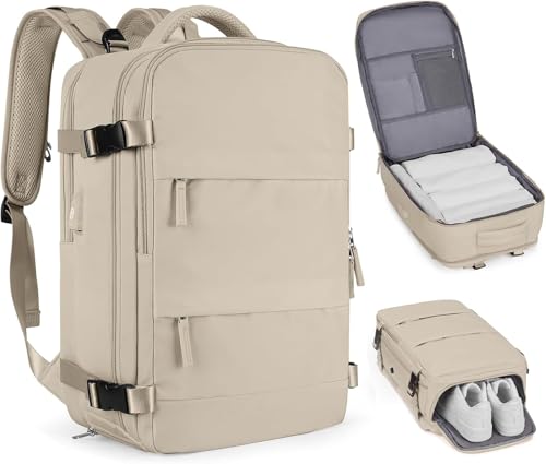 Mochila de viagem grande para mulheres e homens, mochila de mão, mochila de caminhada, Compartimento para Notebook, Sapatos e Entrada USB, para viagens, Cinza, 30L, Mochilas de viagem (Bege, Grande)