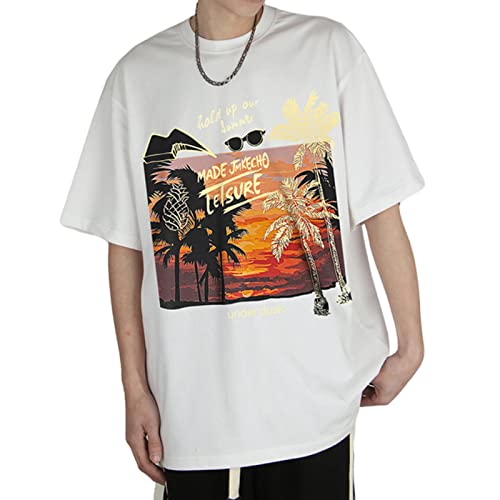 T-shirt vintage Y2K surdimensionné blanc motif palmier taille L pour homme et femme