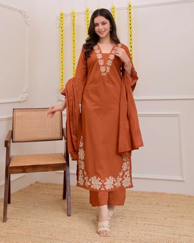 Image of ANNI Designer Pure Cotton Embroidered Kurta Set for Women | Rust Orange Kurta with Pants & Dupatta | Floral Neck & Hem Embroidery | Cotton Kurta Set for Women | 10 Colour Options Available