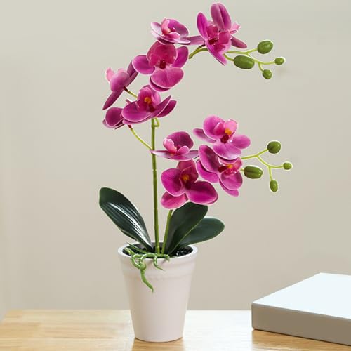 Flor de seda vívida estilo orquídea morada con maceta elegante 3