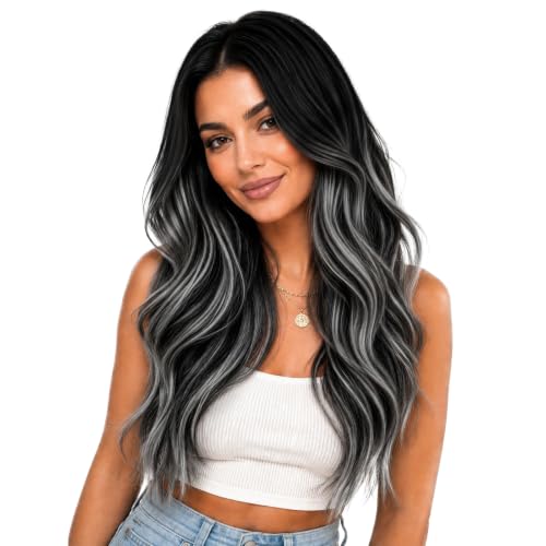 Image of Moresoo Hair Weft Tape in Extensions Black Silver 22 inch 75g 2pcs