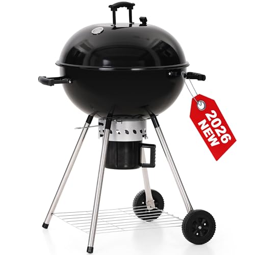 GREEN PARTY 22 inch Kettle Charcoal BBQ Grill with Wheels, Portable Charcoal Grill with Porcelain-Enameled Lid & Ash Catcher for Outdoor Cooking Barbecue Camping Picnics Tailgating, Black