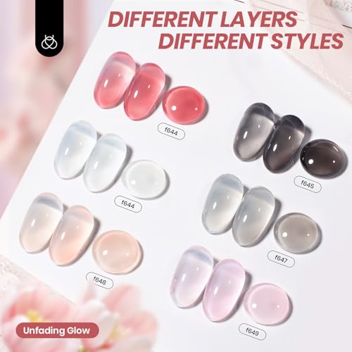 Image of Beetles Jelly Gel Nail Polish Set, 6 Colors Nude Pink Red Gray Black White Gel Polish Kit Neutral Translucent Sheer Gel Soak off Uv Unfading Glow Collection French Nail Art Manicure Gift for Women