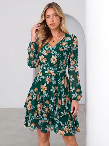Simplee Womens Floral Wedding Guest Dress Casual Fall Long Sleeve V Neck Ruffle Tiered A Line Flowy Chiffon Mini Dresses,Green L — view 6