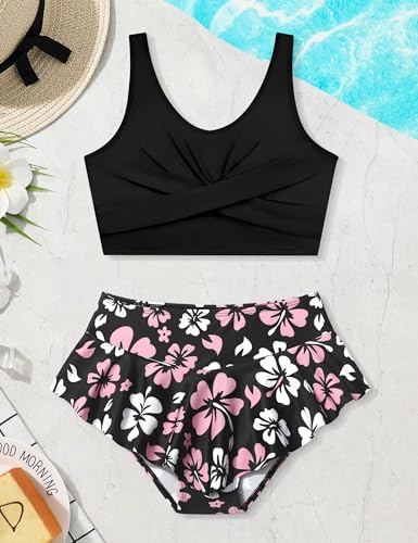 Girls Swimsuit Girls Bathing Suits Size 8-10 Tankini Swimsuit Criss Cross Tropical Print Ruffle Bottom Bathing Suits Two Piece Swimwear Black4