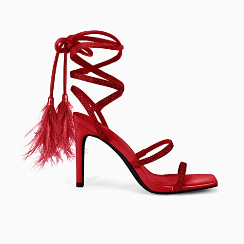 Coutgo Womens Strappy Heels Lace Up Feather Sexy Stiletto Square Toe Tie Up High Heel Wedding Dress Gladiator Sandals #TOP3