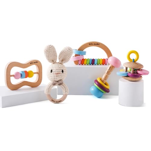 Image of Wooden Baby Rattle Toys 5 PCS Rattle Set for Babies 0-6-12 Months Bunny Crochet Rattle Ring with Gift Box Wooden Montessori Toy for Newborn Infant Baby