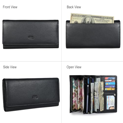 Image of Women's Top Grain Leather Wallet, RFID Blocking Bifold clutch, 17 Card Slots, Zip Pocket Organizer, Elegant Gift for Women - Birthday, Valentine, Anniversary - BLACK