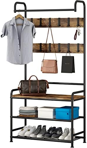 LINZINAR Coat Rack Shoe Bench 3-in-1 Hall Tree with Bench and Shoe Storage for Entryway Heavy Duty MDF Stand Coat Rack Industrial Accent Furniture with Metal Frame, Black (Rustic Black)