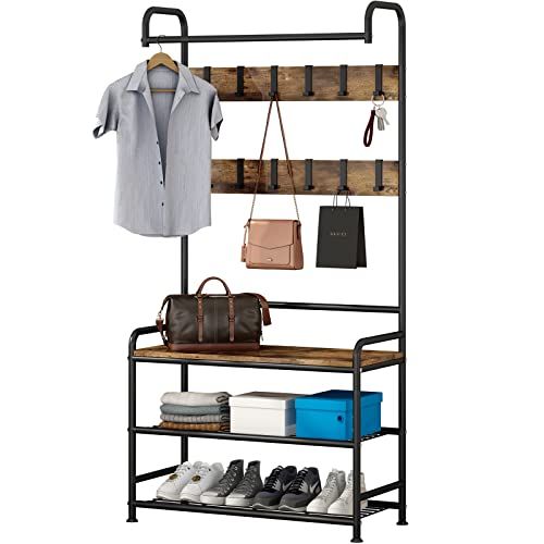 Linzinar Coat Rack Shoe Bench 3-In-1 Hall Tree With Bench And Shoe Storage For Entryway Heavy Duty Mdf Stand Coat Rack Industrial Accent Furniture With Metal Frame, Black (Rustic Black) #TOP22