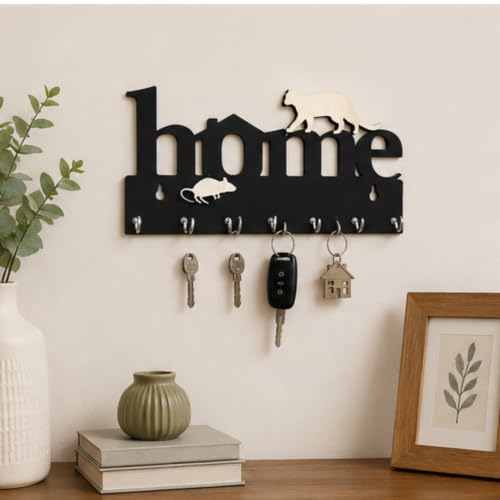Image of Webelkart Premium Home Keys Wooden Key Holder (29 cm x 13.5 cm x 0.4 cm, Wood) 7 Hook - Decorative Items for Home Decor (Black-1)