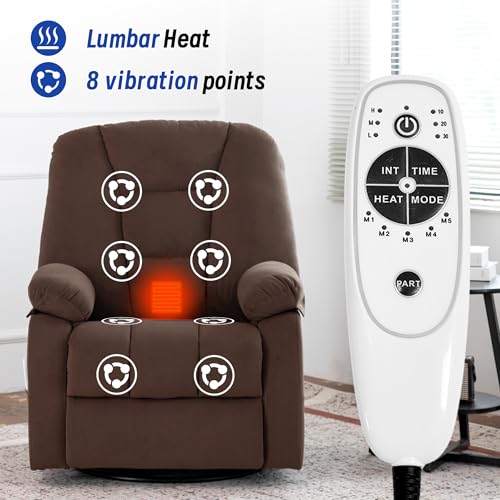 Image of Power Swivel Rocker Recliner Chair for Adults, Electric Rocking Recliner with Massage and Heat for Living Room Bedroom, Fabric Reclining Sofa Chair with USB and Type-C Ports,Brown