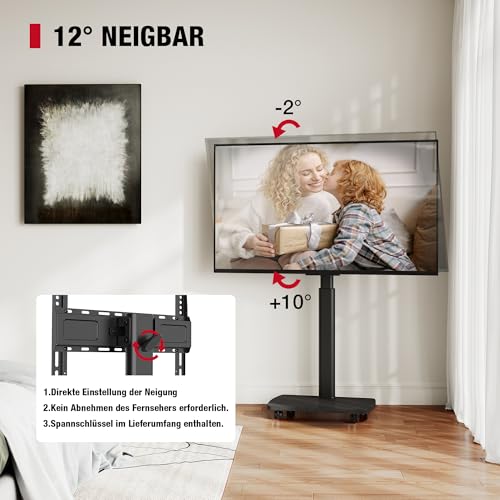 AOKCOS TV Ständer Rollbar mit Holzregal, Fernsehständer mit Rollen für 32-65 Zoll Flach & Curved Fernseher bis 35kg, TV Bodenständer 90°Rotierbar Höhenverstellbar, Max.VESA 400x400mm (Schwarz)