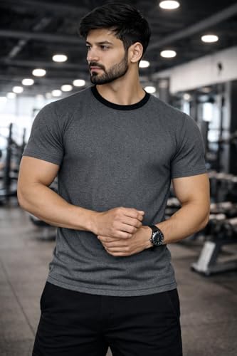 Image of Men's Solid Gym T-Shirt | Slim Fit Gym & Training Tee | Breathable Stretch Fabric | Round Neck Sports Wear for Workout