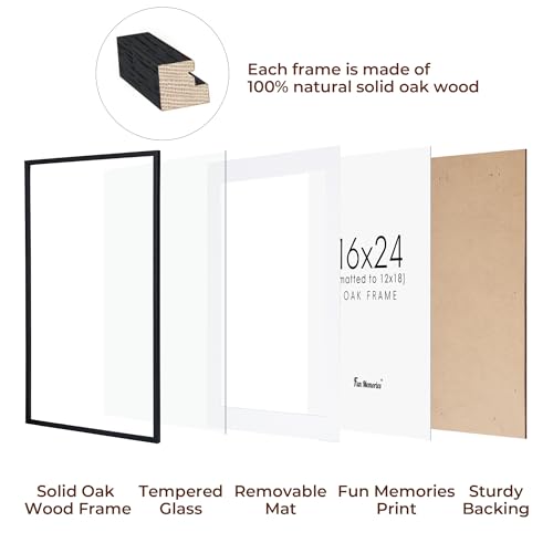 Fun Memories Black 16x24 Picture Frame, Oak Wood 16 x 24 Poster Frames Set of 2, Rustic 16 by 24 Frame for Wall, 16x24 Frame with Mat for 12x18, Tempered Real Glass by Fun Memories - Image 4