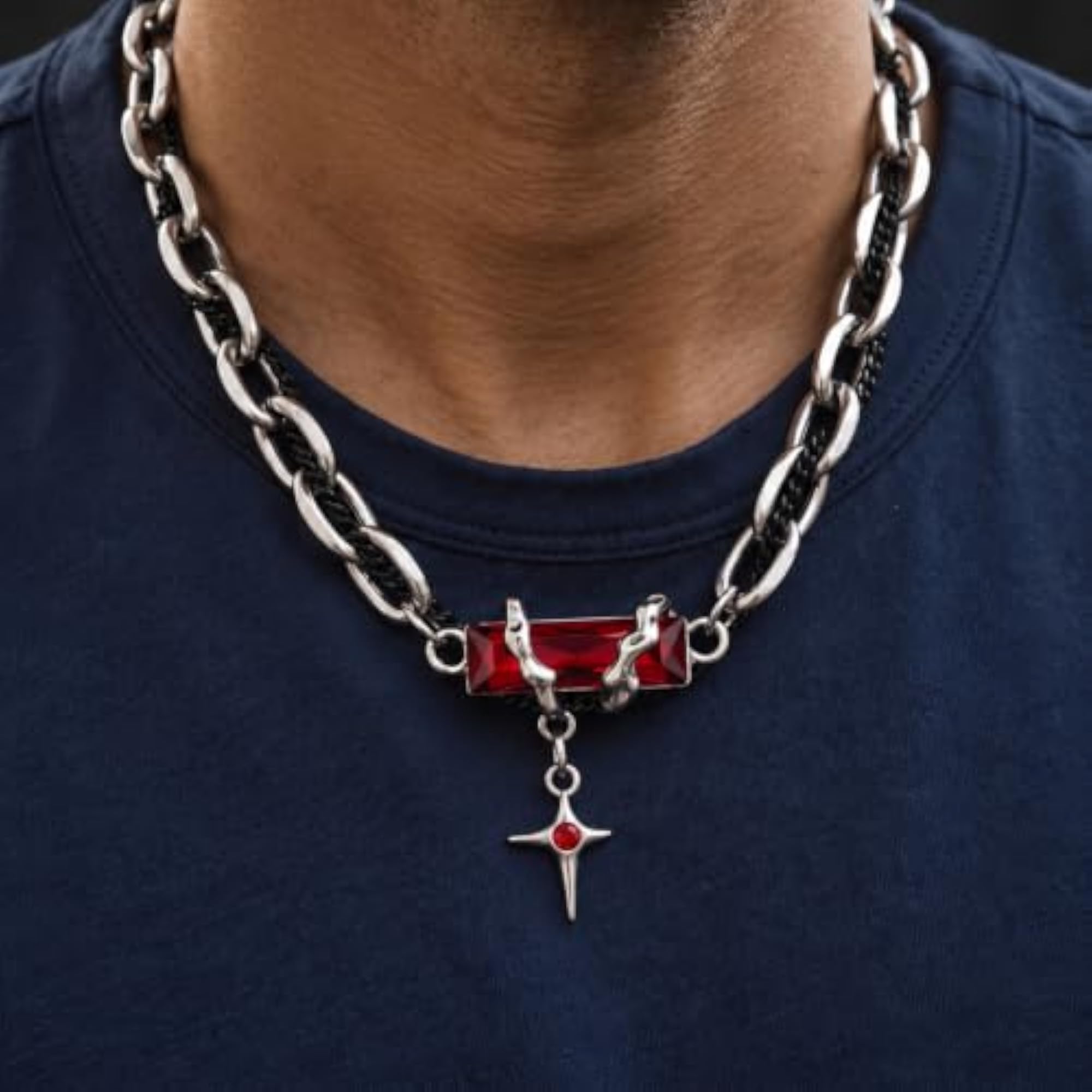 Men's Obsidian Red Cross Titanium Steel Pendant Necklace