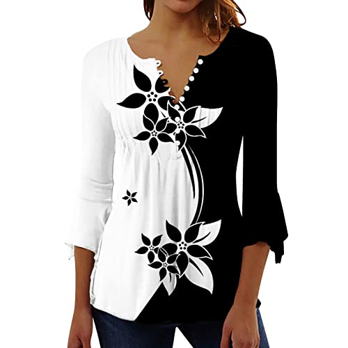 Image of Womens 3/4 Sleeve Tops 2023 Pleated Front Ladies Chiffon Tops V Neck Swing T-Shirts Summer Tunic Blouse UK Sale Clearance Floral Tee Shirts