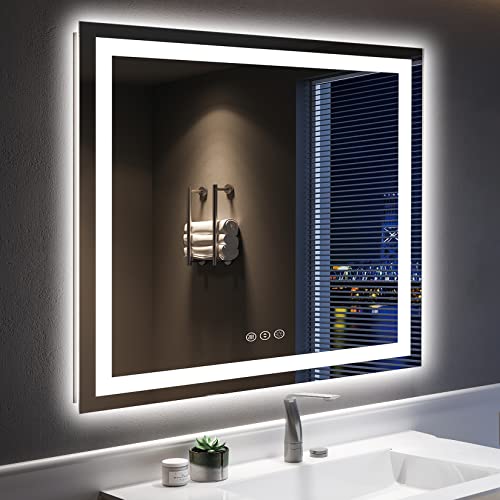 Image of 36x36 Inch LED Bathroom Mirror with Lights Front and Backlit Lighted Vanity Mirror for Bathroom Wall with 3 Colors Dimmable Anti-Fog Memory Shatter-Proof IP54 Waterproof Horizontal /Vertical