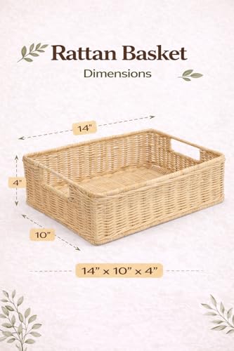 Image of Handmade Rattan Storage Tray for Bathroom & Kitchen Counter | Wicker Vanity Organizer Tray | Natural Cane Home Decor (35x25x10 cm, Beige)