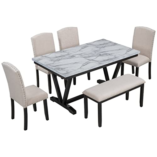 ZSEDP 6 Piece Dining Table 4 Chairs 1 Stool Contemporary Marble Veneer Top and V Legs ZSEDP 6 Piece Dining Table 4 Chairs 1 Stool Contemporary Marble Veneer Top and V Legs