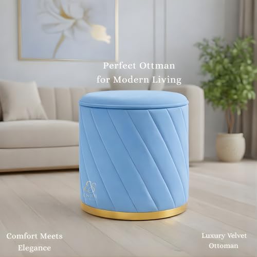 Image of Luxury Round Velvet Ottoman Stool with Gold Base - Modern Upholstered Footrest Pouffe, Tufted Vanity Seat, Living Room Bedroom Dressing Stool (Sky Blue)